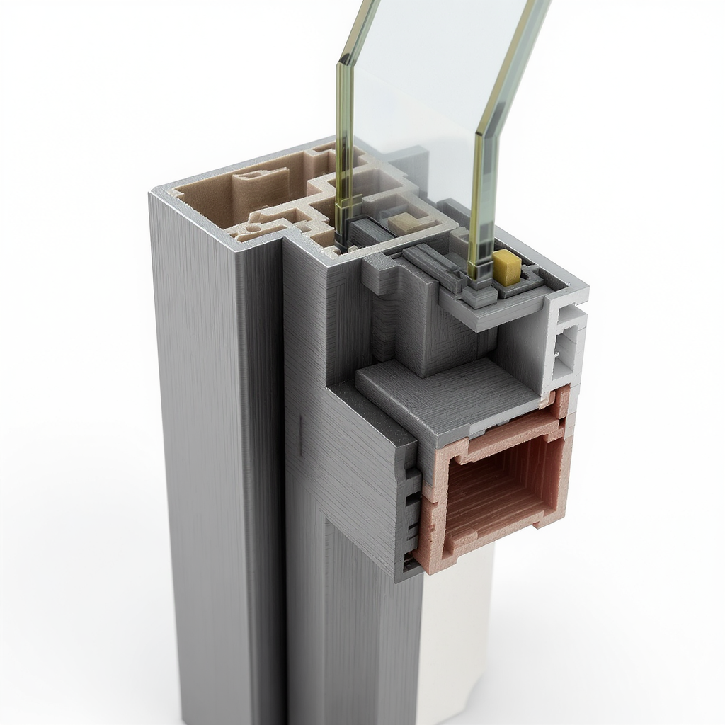 Detaillierte 3D-Ansicht eines Fenster Rahmens mit transparentem Glas und farbigen Komponenten.